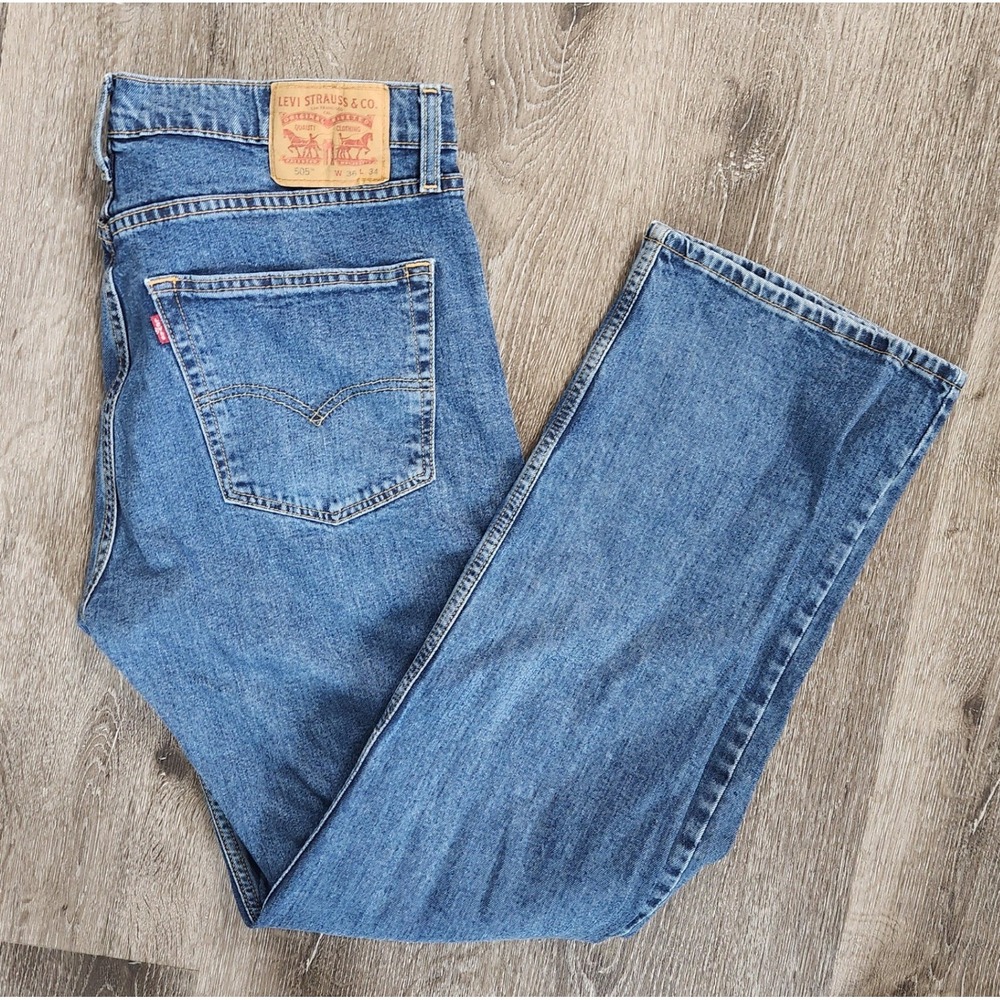 Levis 505 Regular Fit Straight Leg Jeans Mens 36x34 Blue Denim Stretch 505-1625